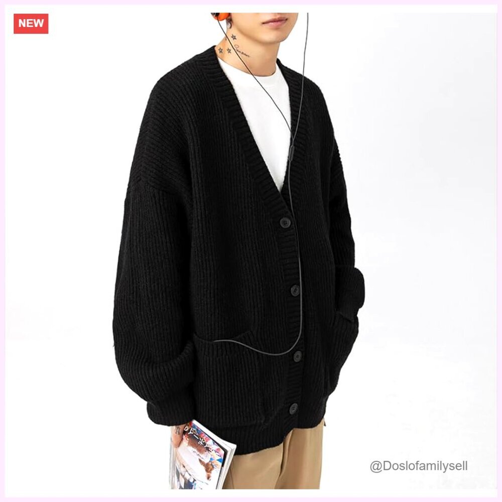 Men's Cable Knit Cardigan Sweater, V-Neck, Long Sleeve, Oversized Streetwear - Picture 2 of 7